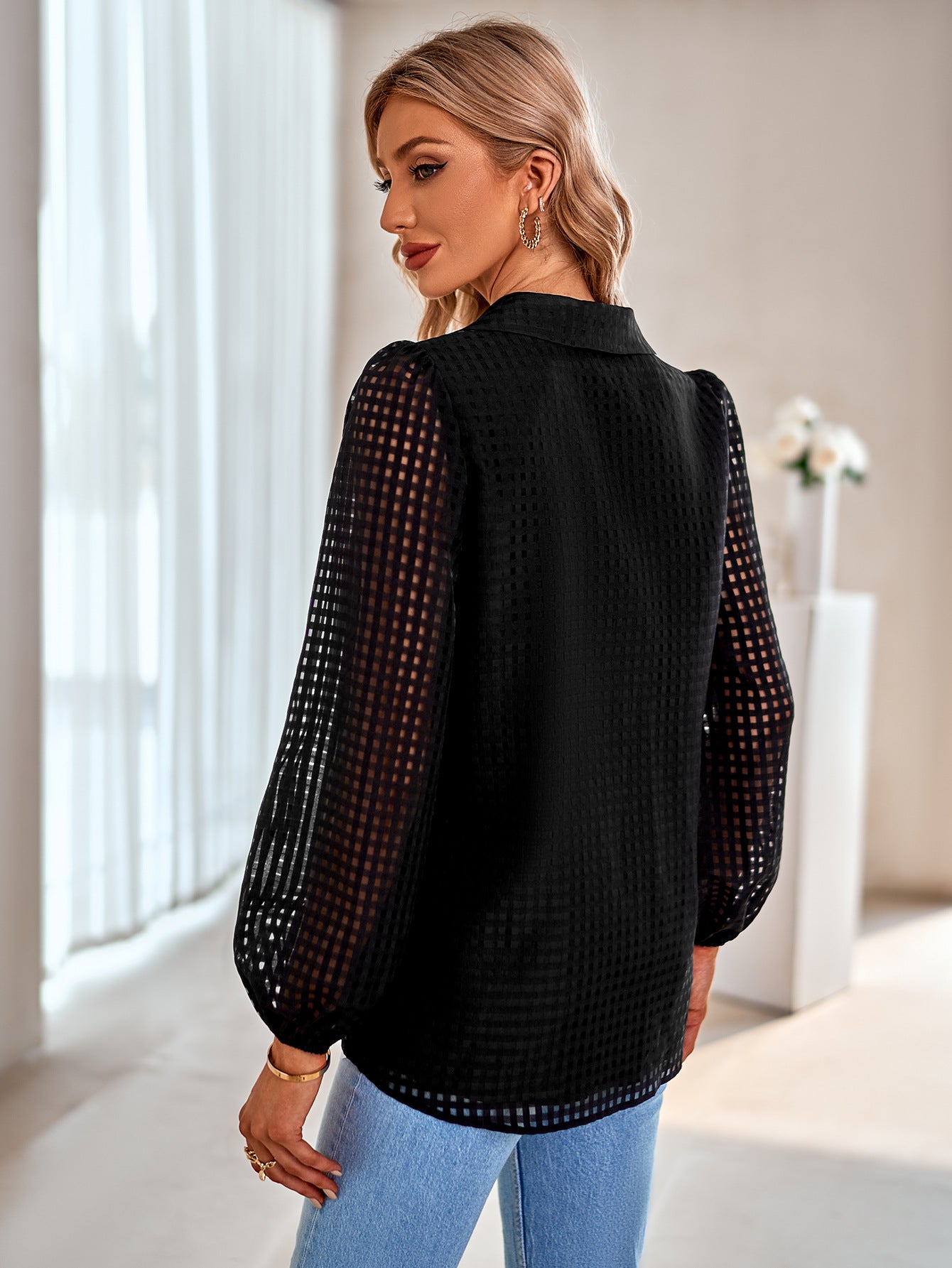 Grid Balloon Sleeve Shirt