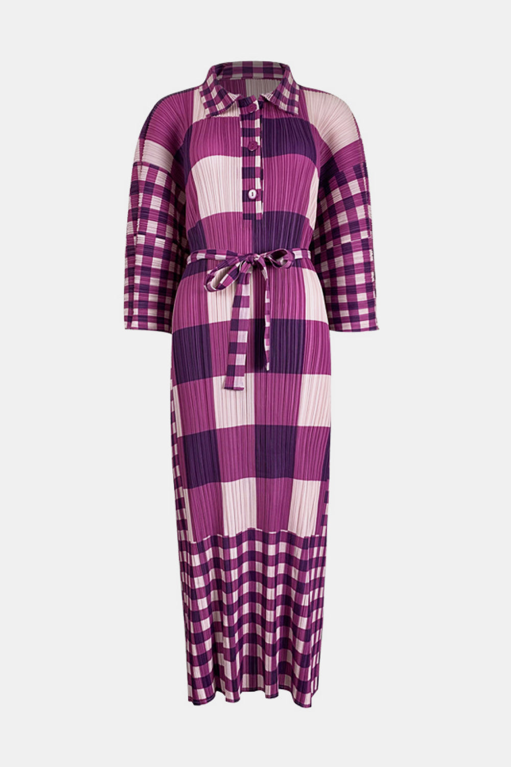 Plaid Accordion Pleated Tie Waist Collared Dress