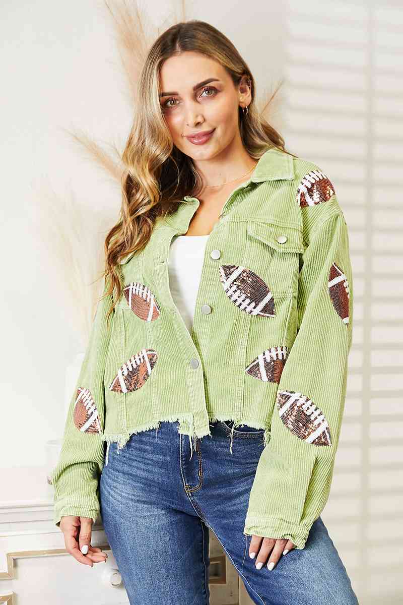 All In Football Patch Sequin Raw Hem Shacket