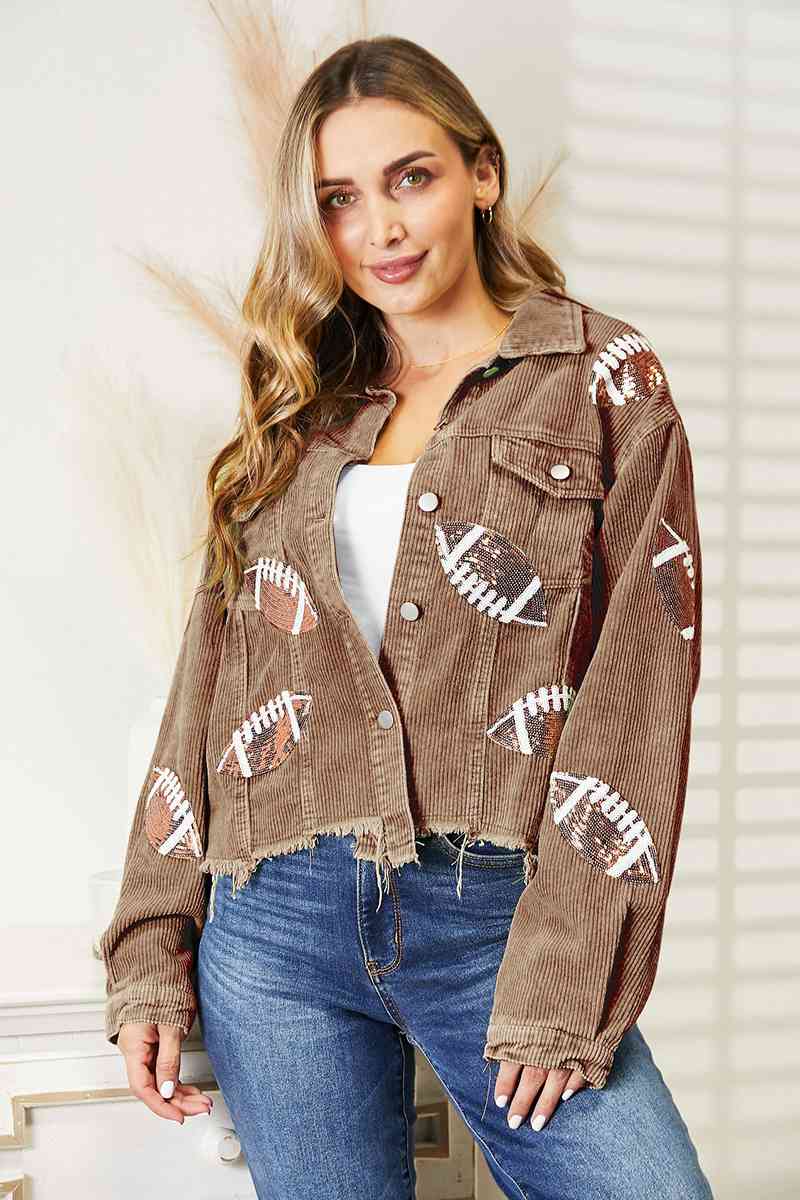 All In Football Patch Sequin Raw Hem Shacket