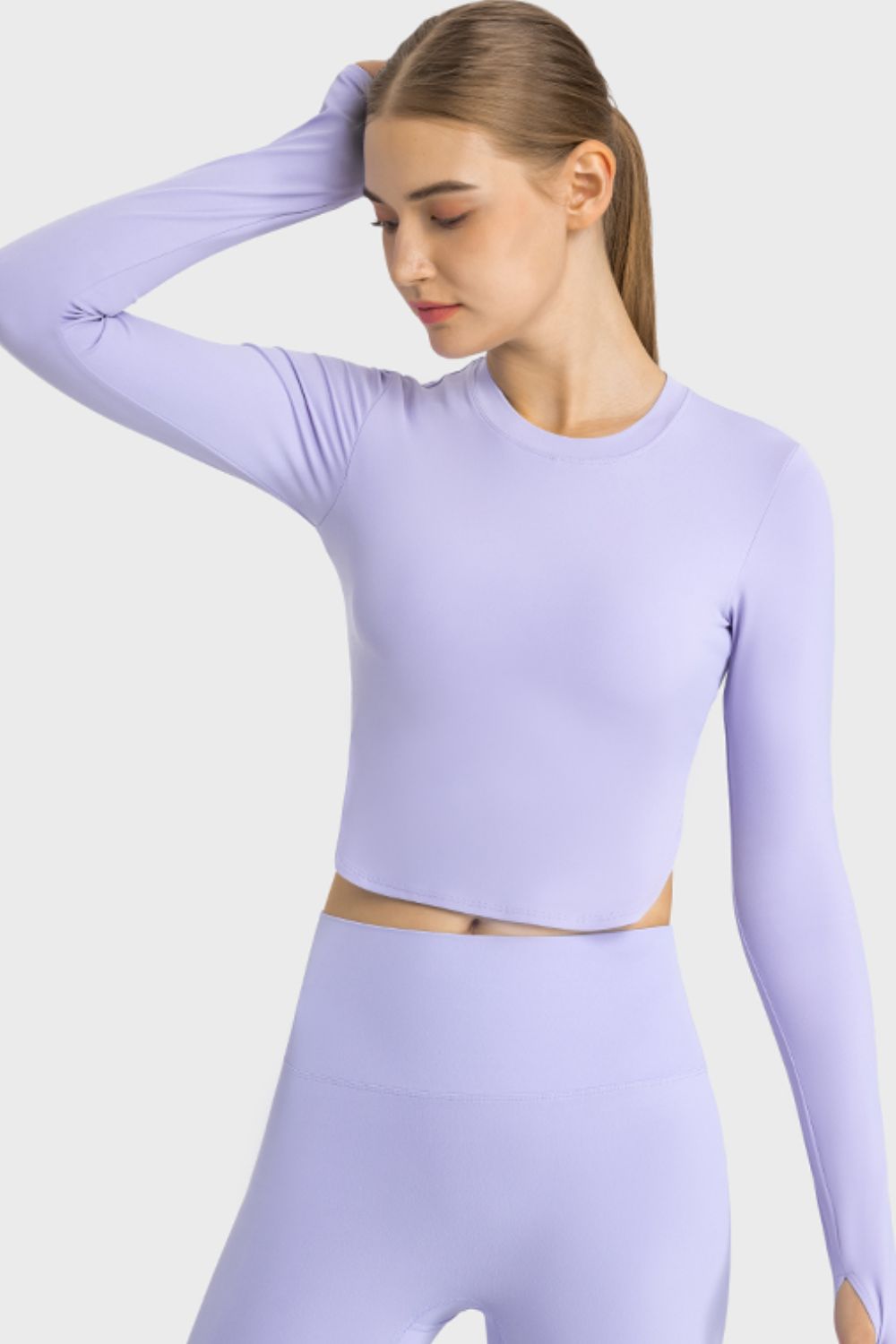 Long Sleeve Side Swoop Crop Top-Muave