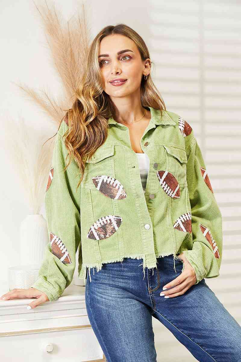 All In Football Patch Sequin Raw Hem Shacket