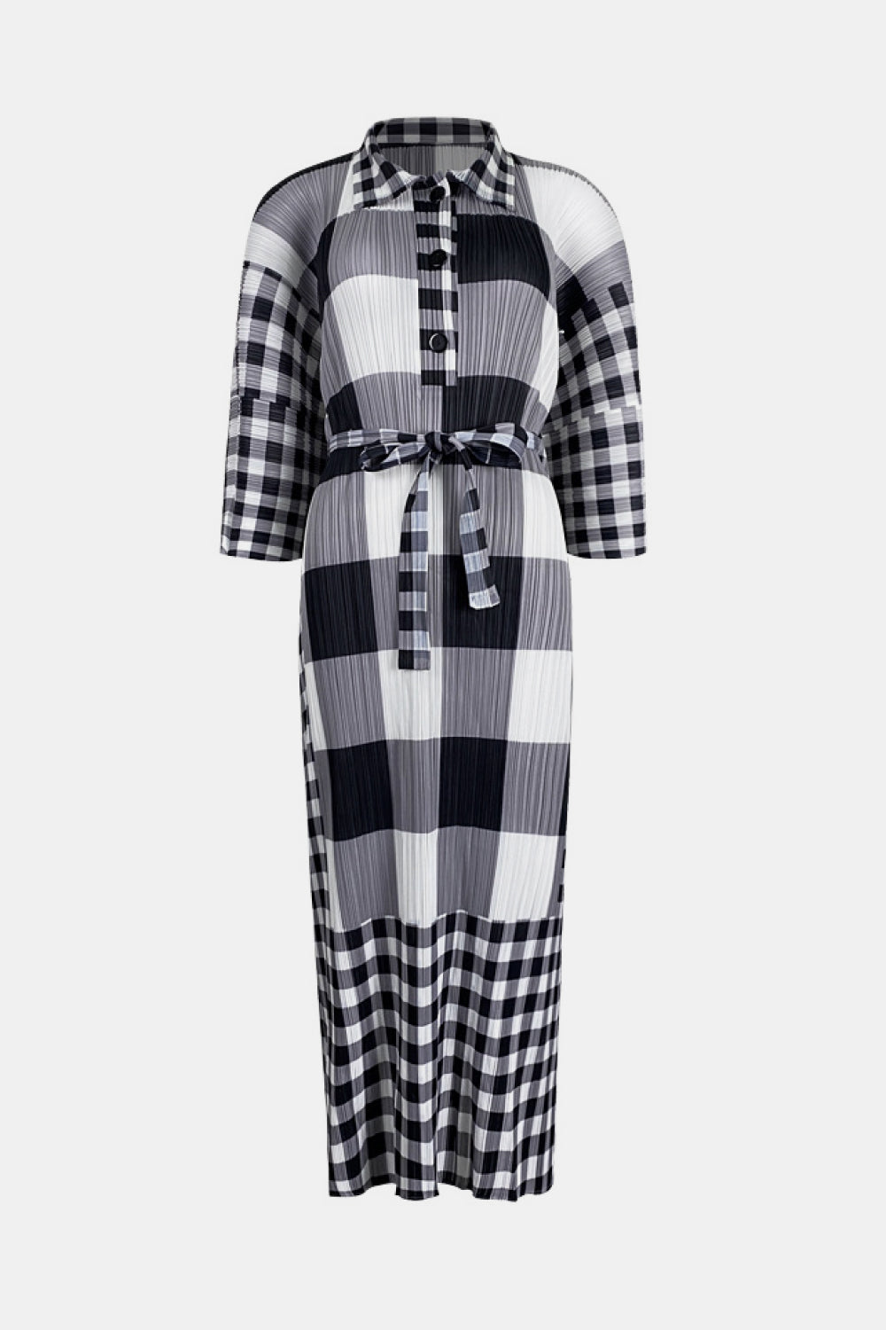 Plaid Accordion Pleated Tie Waist Collared Dress