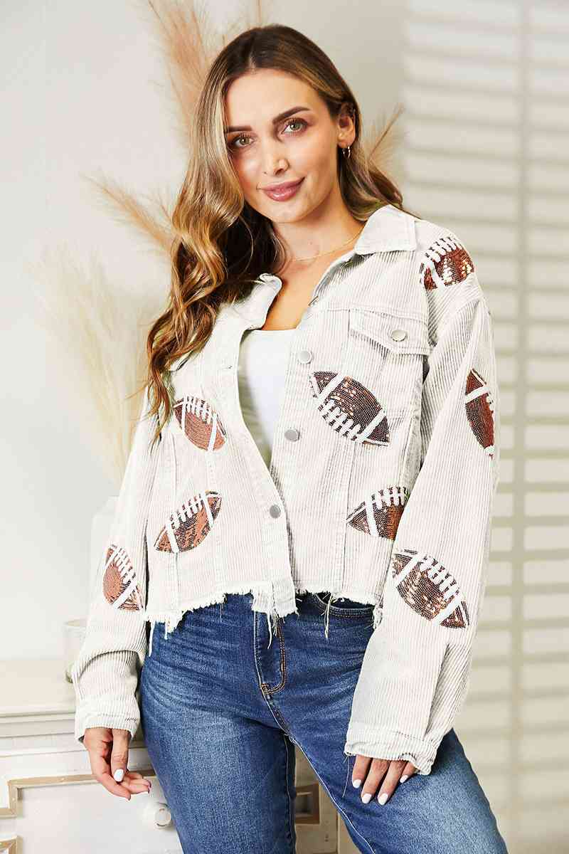 All In Football Patch Sequin Raw Hem Shacket