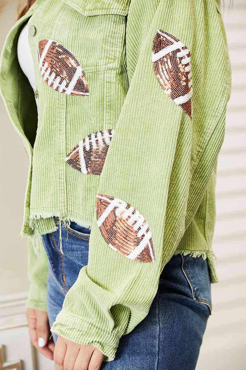 All In Football Patch Sequin Raw Hem Shacket