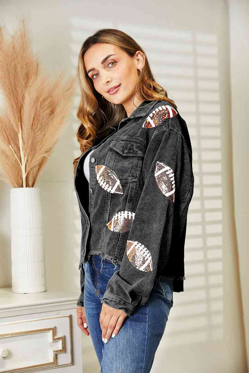 All In Football Patch Sequin Raw Hem Shacket